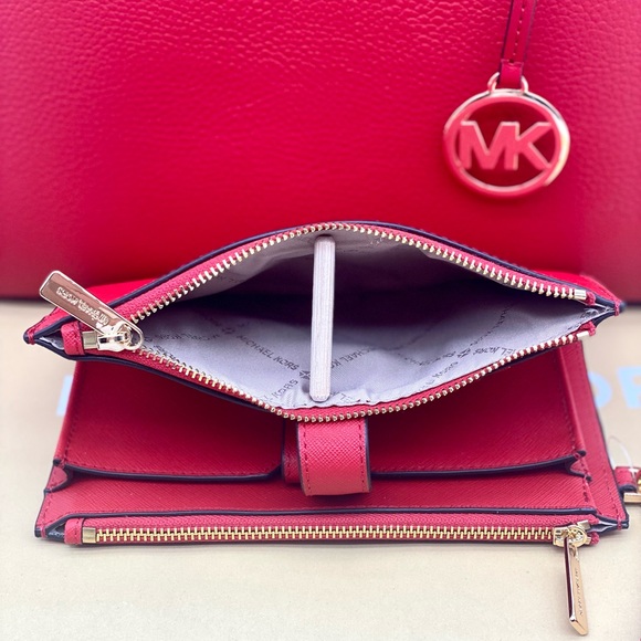 Michael Kors Mercer Medium Belted Satchel Crossbody And Wallet Set Bright Red - Picture 13 of 15
